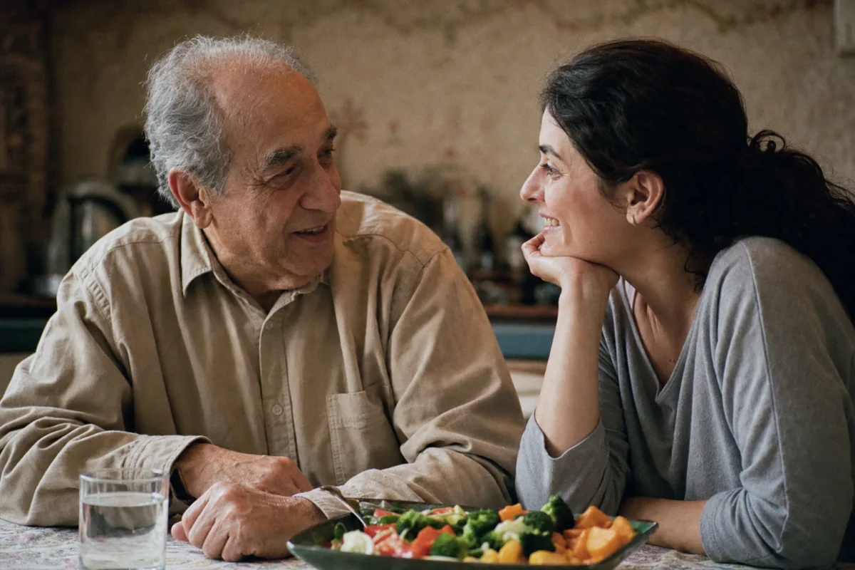 Father and daughter at the kitchen table