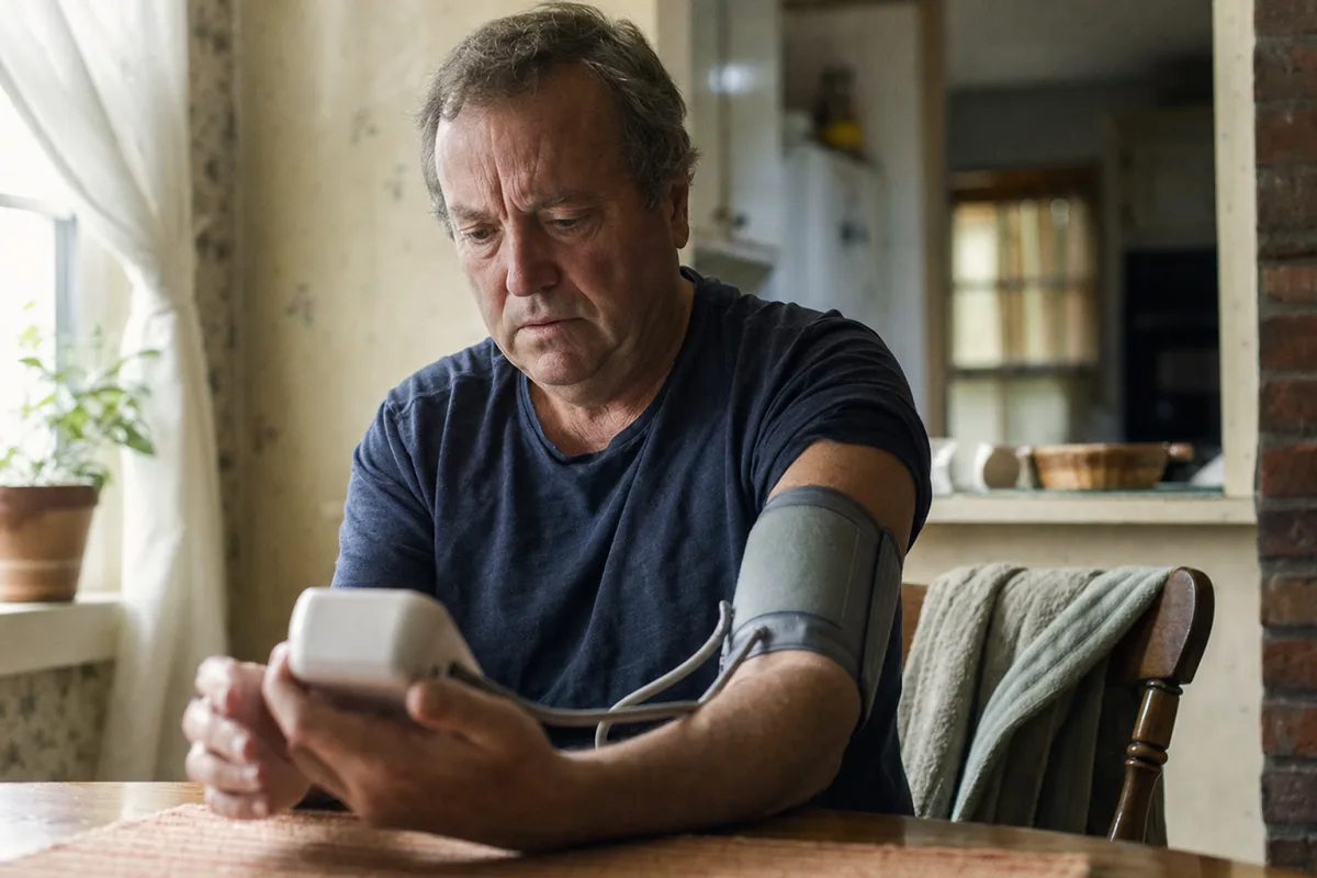 Man checking his blood pressure at home