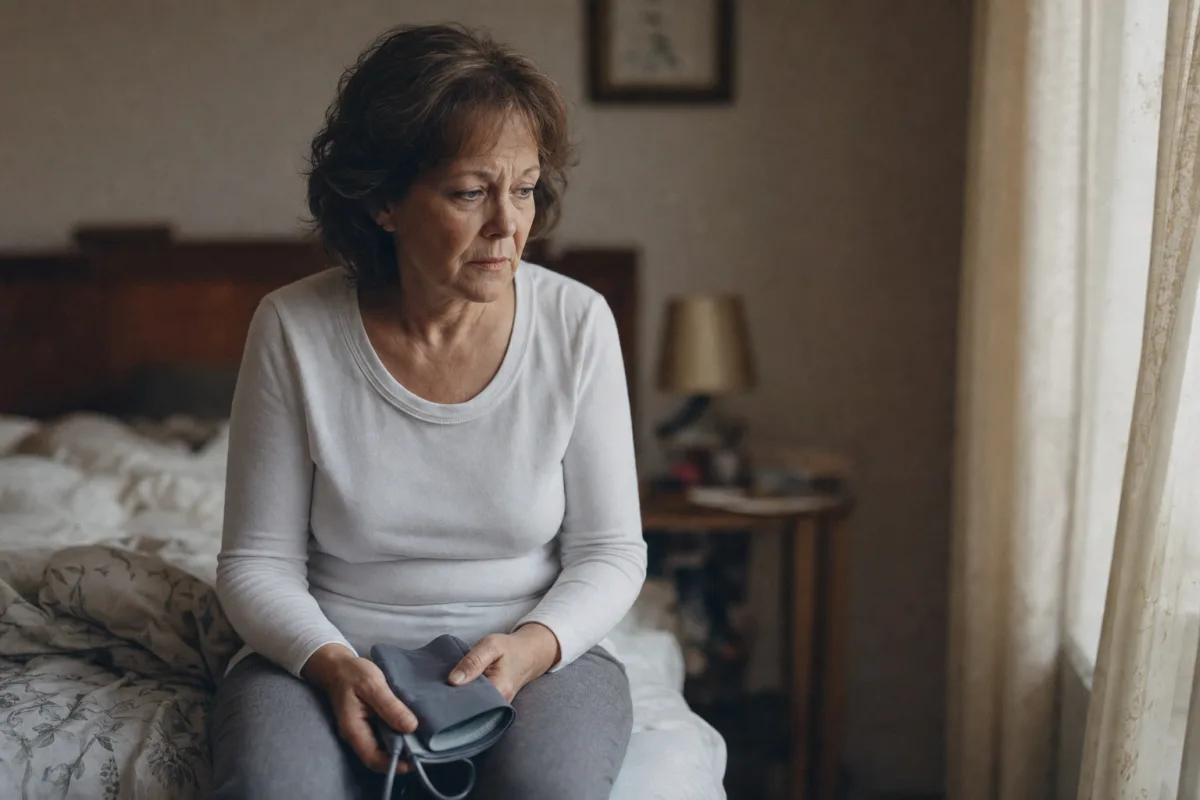 Woman sitting alone with a blood pressure cuff